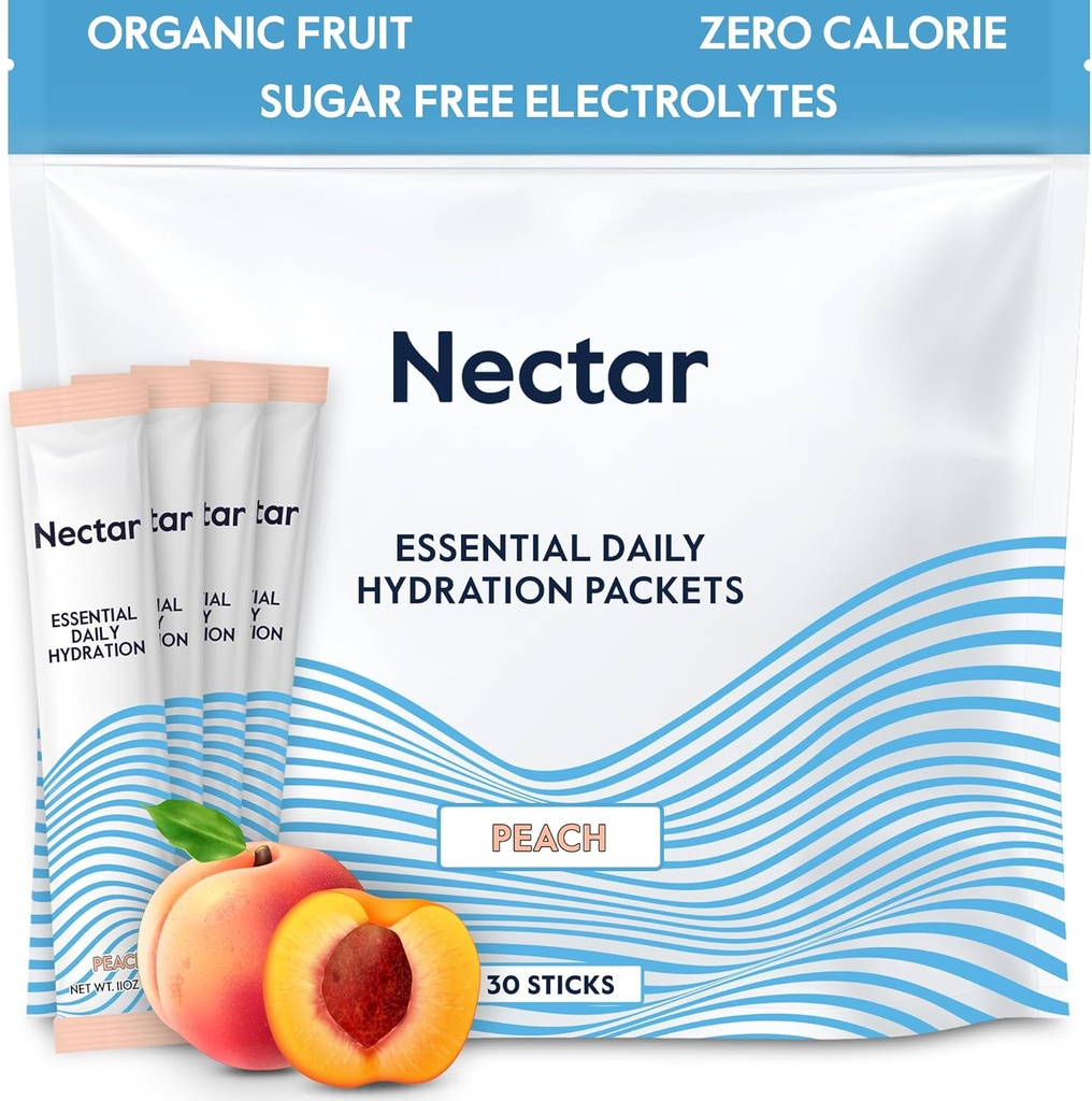 Nectar Hydration Packets - Electrolytes pulverpakker - sukker gratis & 0 kalorie - organisk frukt flytende daglig IV elektrolyser pulver for dehydrering relief & rask hydrering (Peach 30 Pack)