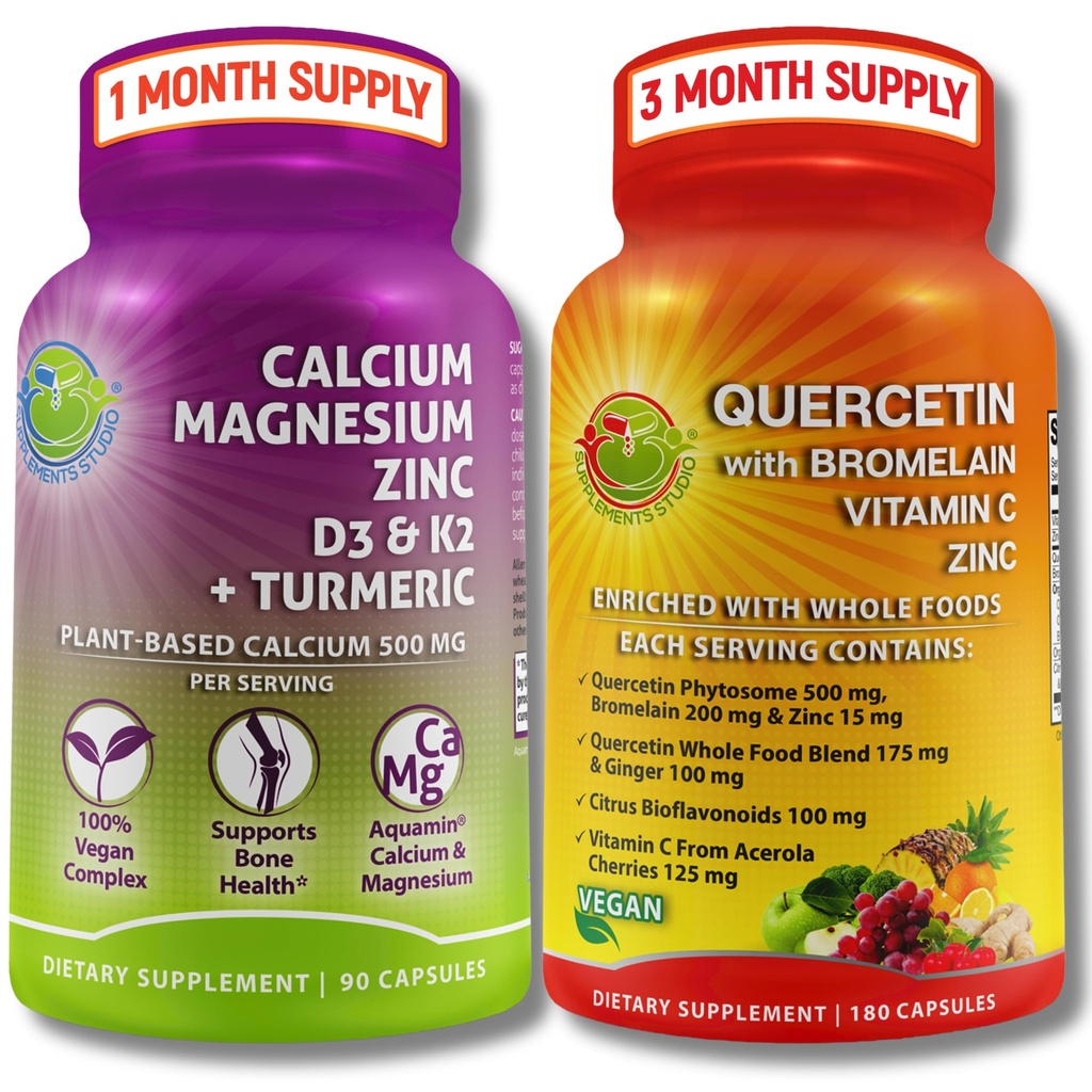 Fordeler STUDIO Quercetin med Bromelain, C-vitamin og sink + Plantebasert kalsium, magnesium, D3, K2 & Turmeric – 100% Vegan Supplement Bundle for immun- og beinstøtte