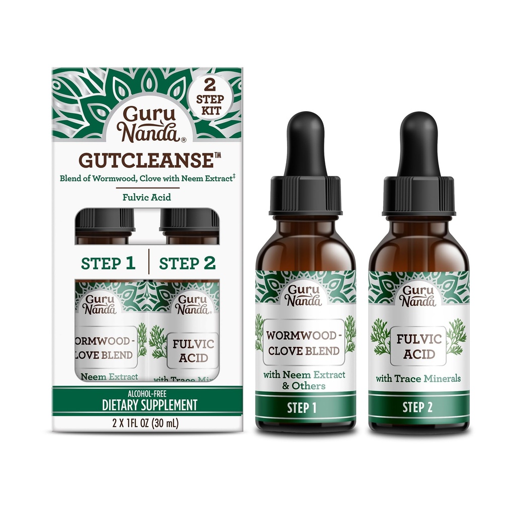 GuruNanda Gutcleanse 2-stegs Kit - Diett Supplement til hjelp med Digestion - blanding av Fulvic Acid, Wormwood, Clove & Neem Extract, 2x1 FlOz