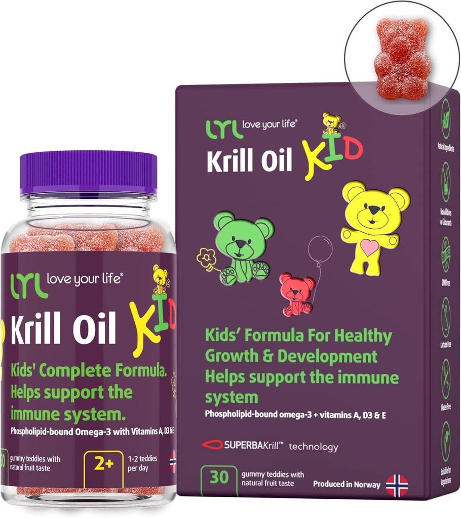 LYL Krill Olje Kid Gummy Bjørne med vitamin D 3, vitamin E og vitamin A - fosfolipid-Bound Omega 3 for sunn vekst og utvikling - Gummy Bjørne med oransje, Apple & Raspberry Smak (Pack of 30)