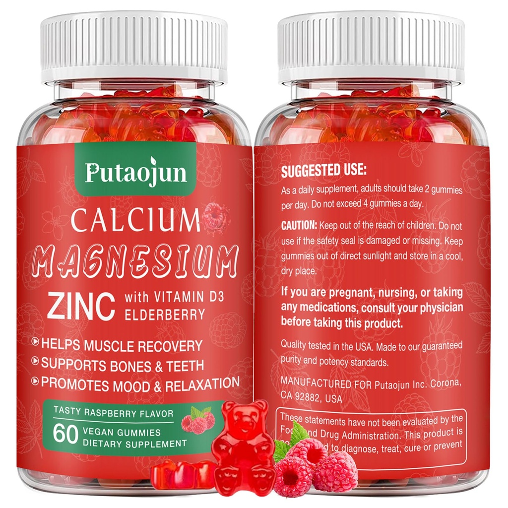 Høy absorpsjon Kalsium Magnesium Sink Gummies, Sukkerfri Kalsium Magnesium Sink Supplement med D3 | Bein og tann styrke | Muskel & Nerve funksjon | Vegansk | Raspberry Flavor | 1 pakke