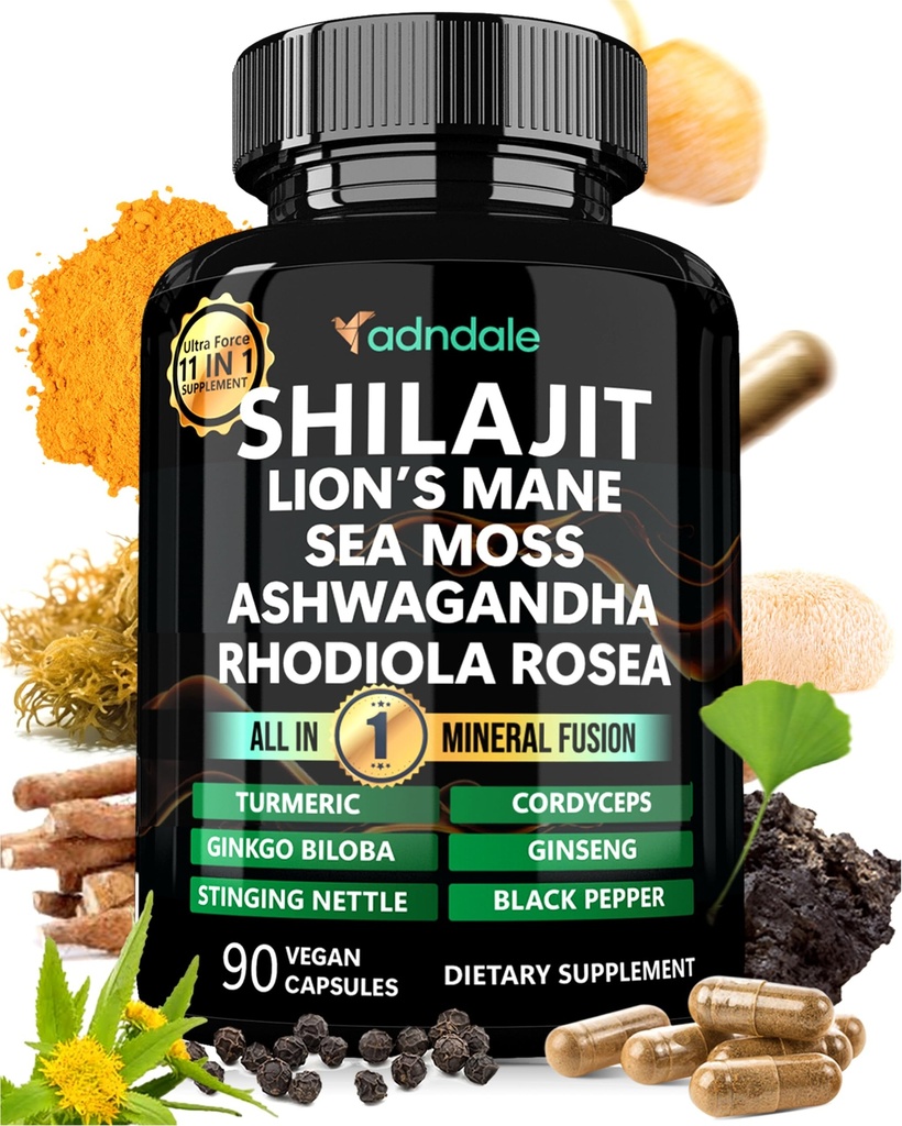 Adndale Shilajit Supplement. Pure Himalayan Organic Shilajit for menn og kvinner Kapsler med Sea Moss Ashwagandha Rhodiola Rosea Lions Mane. 90 greve