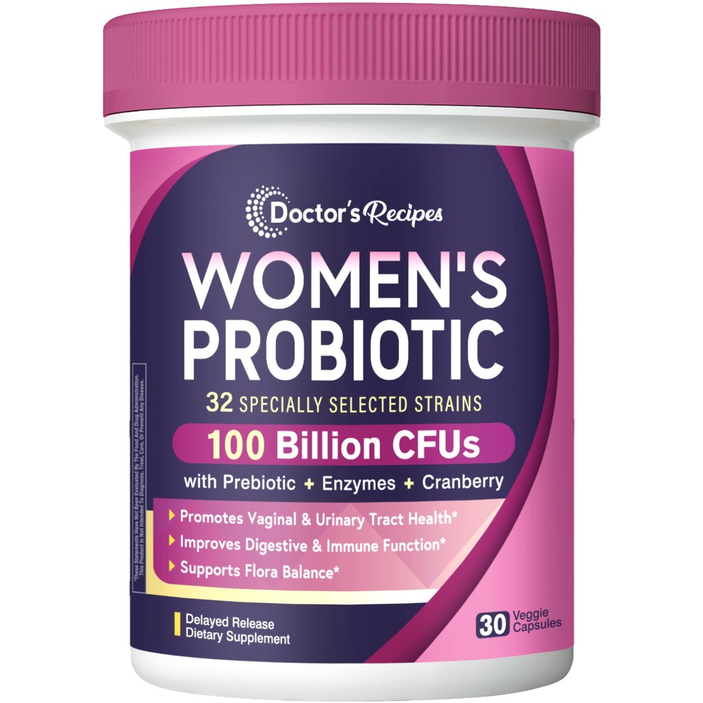 Doktorens oppskrifter Probiotika for kvinner, 100 milliarder CFU 32 Strains, med prebiotiske Fiber, Enzymer & Cranberry, Vaginal Urin Digestive & Immune, No Yest, Holde stabil, forsinket frigjøring, 30 Caps
