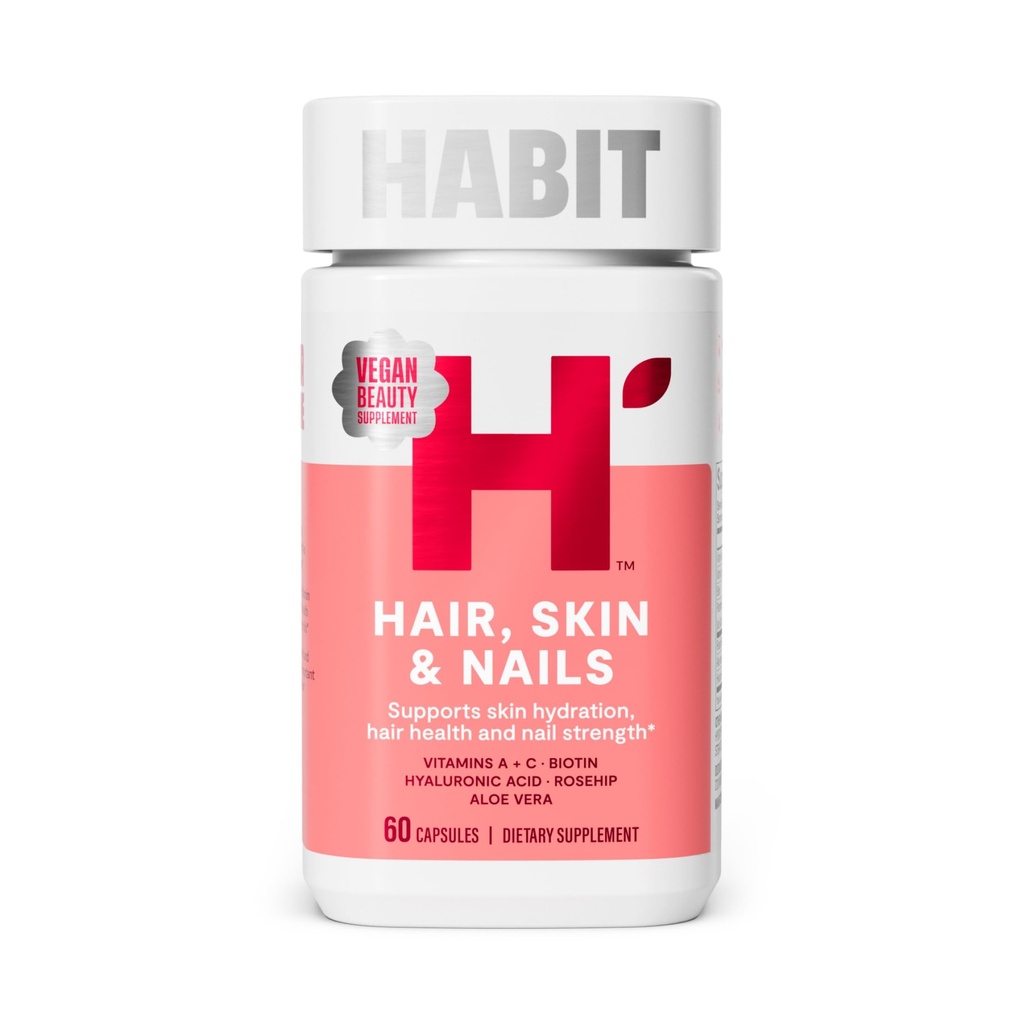 Habithår, hud og negler Supplement (60 kapsler) - Ny look, støtter hudhydrasjon, hår og neglestyrke, Biotin 2000mcg, vitamin A & C, Hyaluronsyre, Rosehip, Vegan, Ikke-GMO (1 pakke)