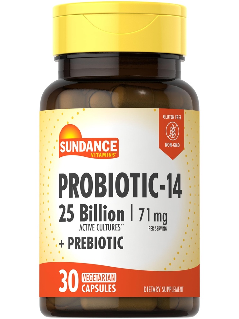 Sundance Probiotic-14 | 25 milliarder kulturer | 30 kapsler | med prebiotika | Vegetarisk, ikke-GMO, og Glutenfri Supplement