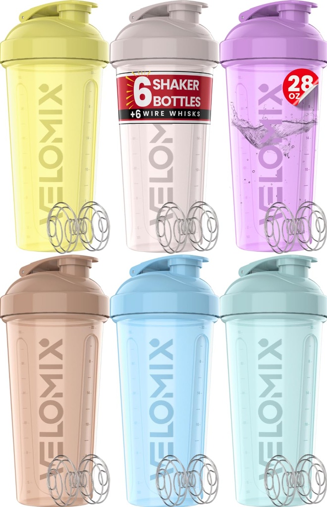 VELOMIX -6 Patron- 28 oz Protein Shaker flaske for proteinblandinger - 6x Wire Whisk | Leak Proof Shaker Cups for proteinshaker flaske pakke | Proteinshaker flaske | Protein Shake Cup (Limpel Power Series)