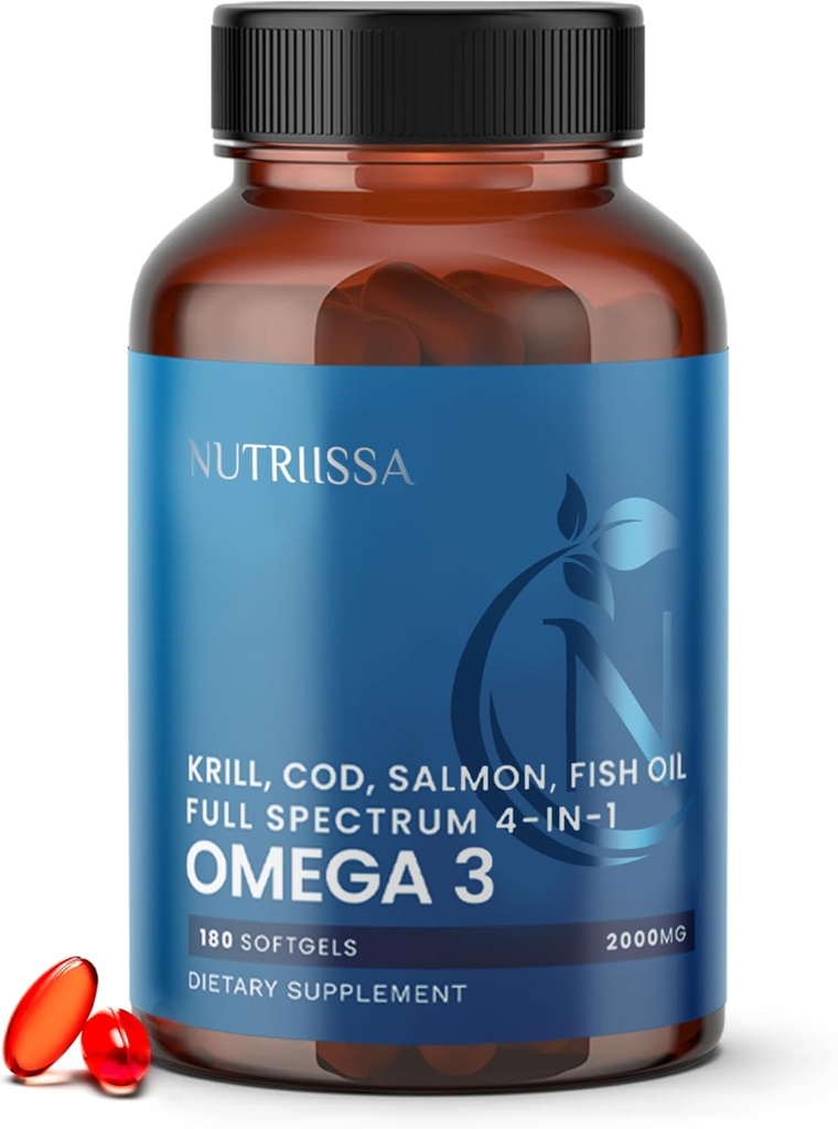 Nutriissa Full Spectrum Omega-3 – 2000 mg oljeblanding (Krill, Cod & Salmon Oil) – 1175 mg Omega-3s (EPA, DHA & DPA) – EPEB-sertifisert, 3-måneders forsyning – hjerte, hjerne og felles støtte – 180 Halal Softgels