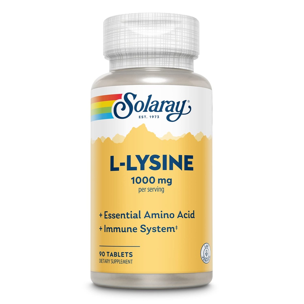 SOLARAY L Lysin - Free-Form Essential Amino Acid - Immun støtte Supplement med 1000mg L-Lysin, 1000mg Vitamin C og 25mg Chelated Zinc - Lab Verifisert, 60-dagers garanti, 30 serveringer, 90 tabletter