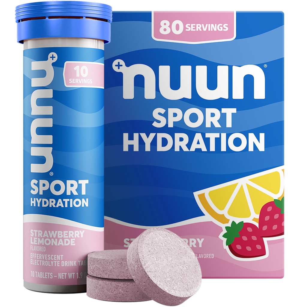 Nuun Sport Electrolyte Tabletter med magnesium, kalsium, kalium, klorid og natrium, Glutenfri & Vegan, Strawberry Lemonade, 8 Pack (80 Serverer totalt)