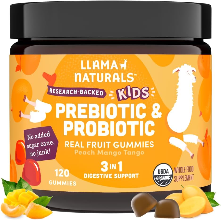 Llama Naturals Kids Probiotic with Prebiotic Fiber, Vegan, organiske prebiotika og probiotika Gummies for Gut Helse Støtte, Toddler Real Fruit Gummy Vitaminer, Ingen lagt til sukker Cane, Peach Mango, 120 Ct