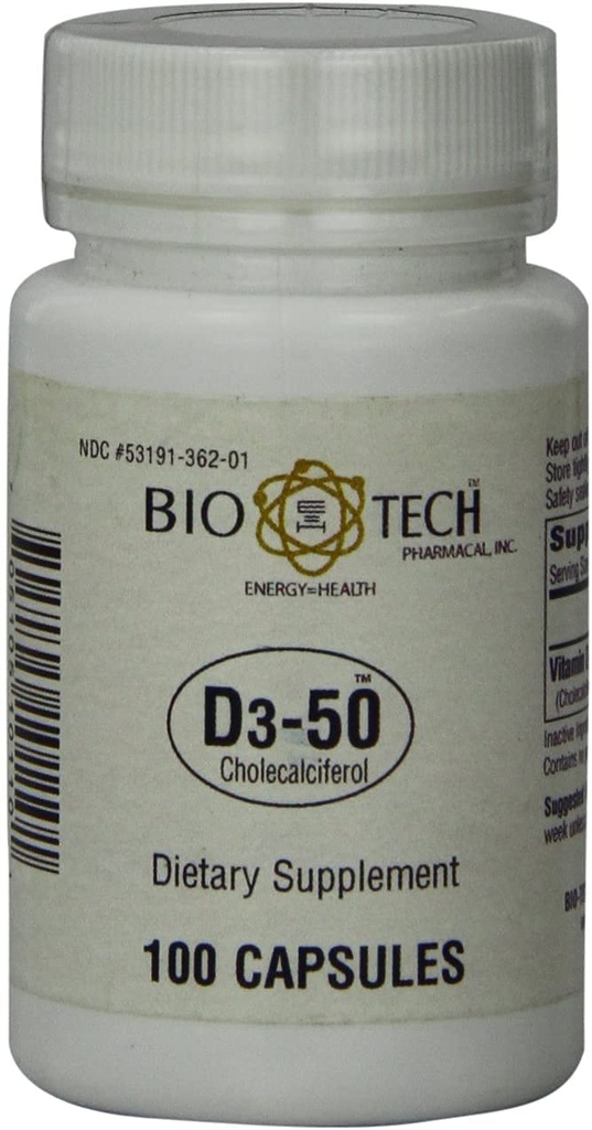 Bio-Tech Pharmacal D3-500,000 IU, 100 Kapsler Ð Alt-Naturlig Supplement Ð Støtter Bein, hjerte nevromuskulær, & immun helse Ð No Dairy, Fisk, Gluten, Peanut, Shellfish, & Soja