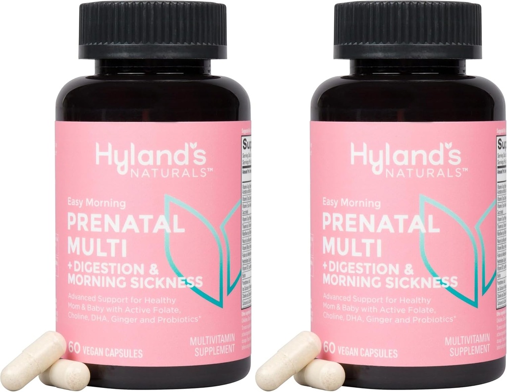 Hyland 's Easy Morning Prenatal Multivitamin og Digestiv Helse og Morgensykhet Relief, 60 Vegan Kapsler, med Folate, Choline, Sink, Ginger Root, Prebiotika og Algae DHA (Pack of 2)