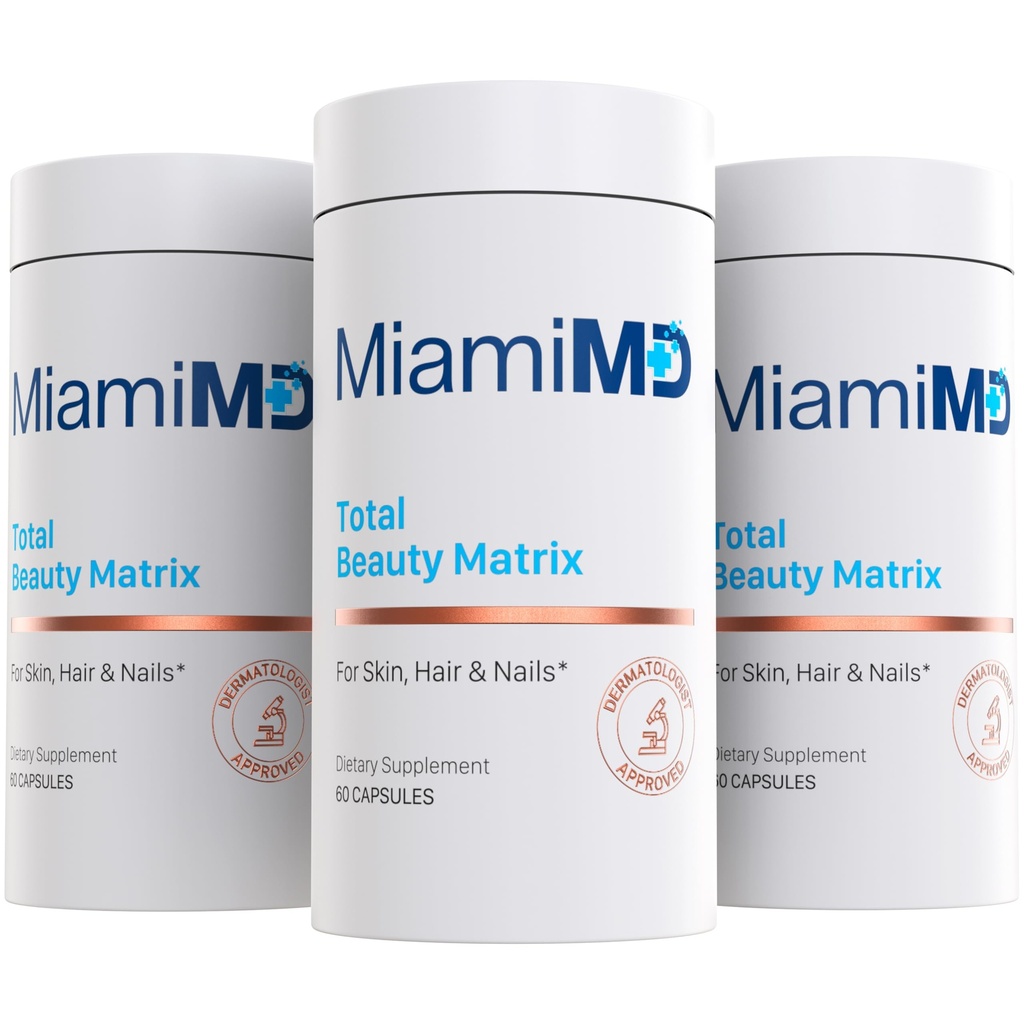 MiamiMD Total Beauty Matrix kollagen kosttilskudd for kvinner - kollagen kapsler med vitamin C for hår, hud og negler - Cruelty Free - (60 kapsler) - 3 Pack