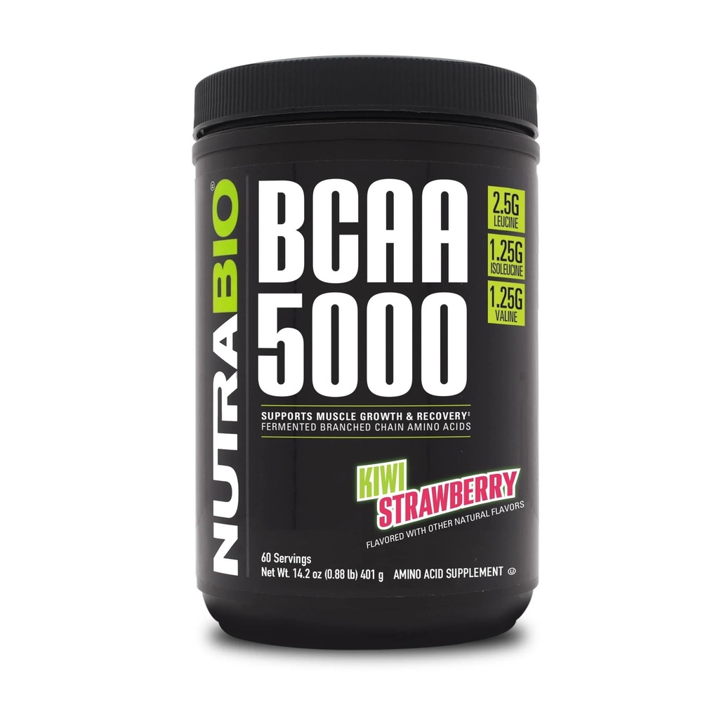 NutraBio BCAA 5000 pulver - Vegansk Fermentert BCAA - støtter lean muskelvekst, utvinning, utholdenhet - 60 serveringer - Kiwi Strawberry