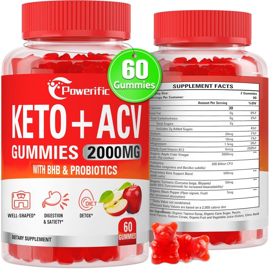 Apple Cider Vinegar Gummies, Keto ACV Gummies Max styrke 2000mg Apple Cider Vinegar med mor, Probiotika og vitamin B12, for digestion, metabolisme, rengjøring og detox diett, 60 count