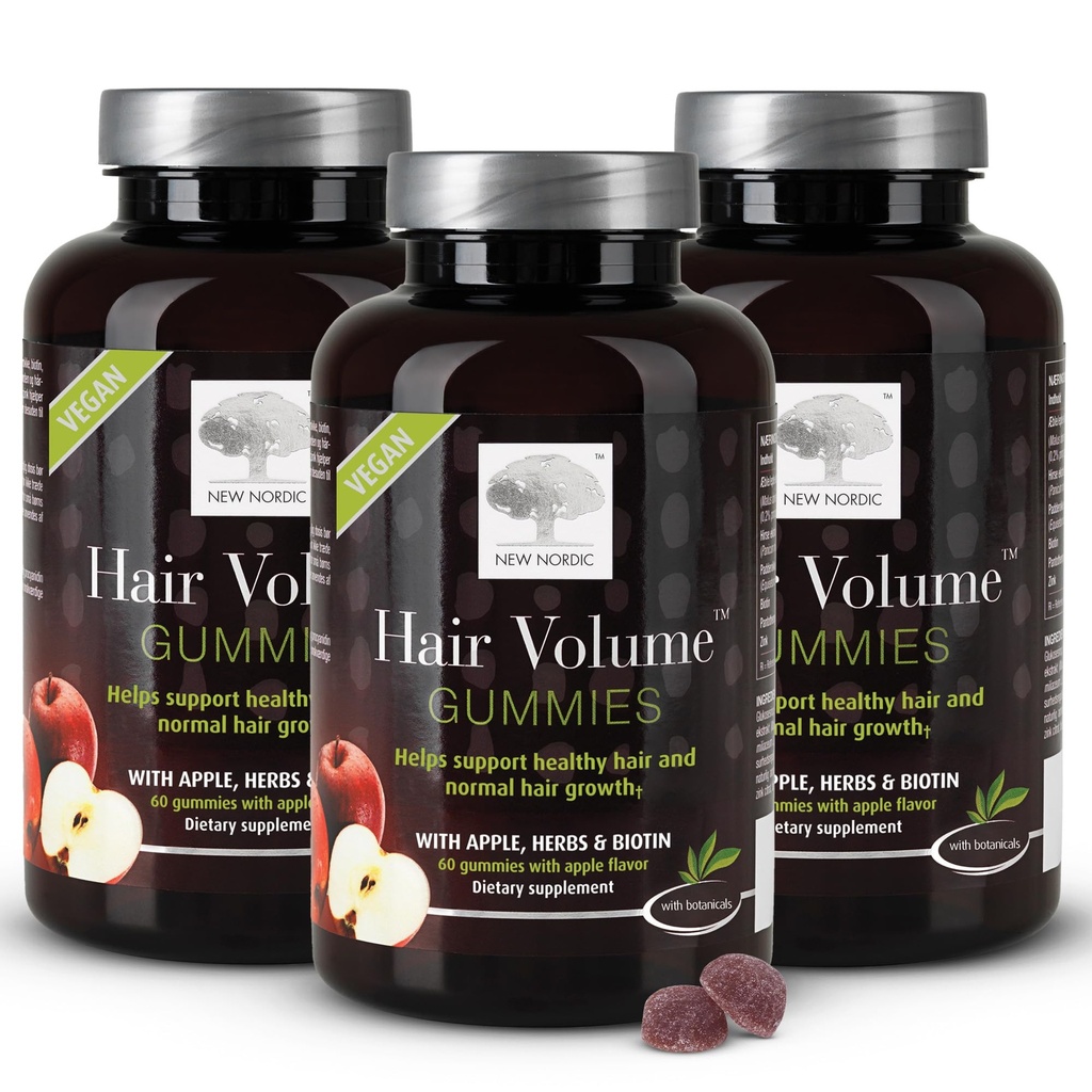 NYE NORDIC Hårvolum Gummier, 2500 mg Biotin, Daglig Hår Vitaminer Supplement for å støtte Hår Hud og negler, Vegansk, 60 greve (Pack of 3)