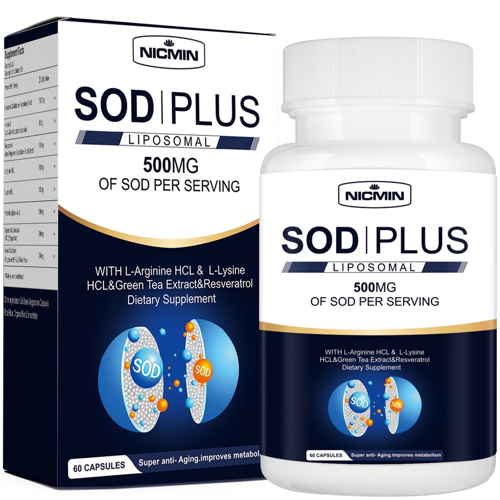 Superoksid Dismutas Supplement 500mg - SOD Pluss med liposomal glutathione, AKG, grønn te ekstrakt, L-Arginin, Lysin, Resveratrol og vitamin E for immunstøtte, Antioksidant 60 kapsler