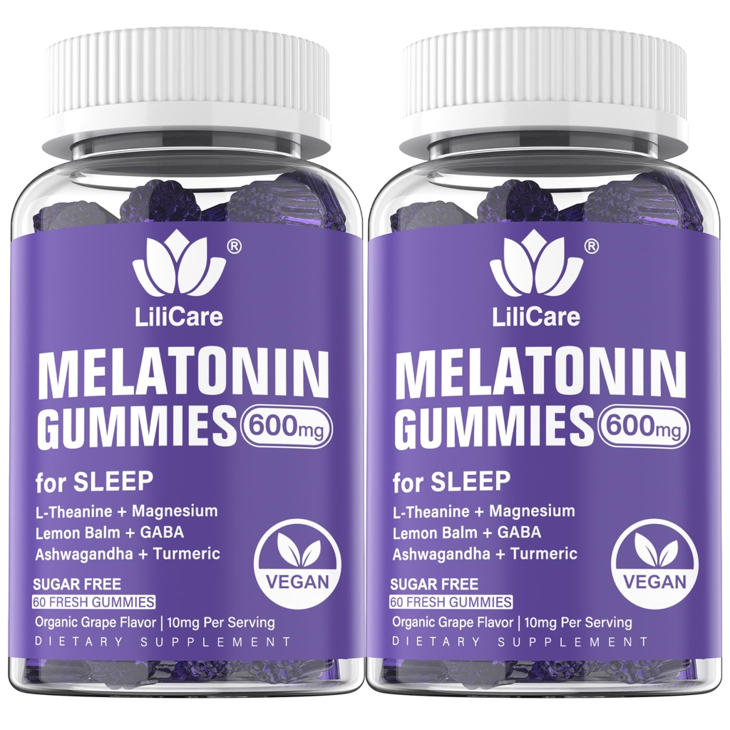 Melatonin 20mg Gummier til voksne (2 pakker) Ekstra styrke med L-Theanine, Ashwagandha, Magnesium, Turmeric, GABA, Lemon Balm og Kamille for støtte Sunn Circadian Rhythm, Grape Flavor