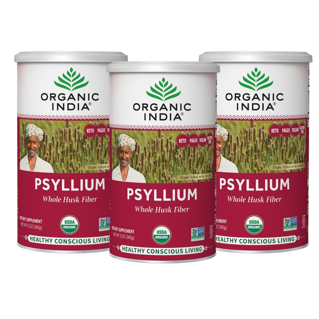 ORGANIC INDIA Psyllium Herbal pulver - hele Husk Fiber Supplement, Digestionsstøtte, Vegan, Glutenfri, USDA Certifisert Organisk, Ikke-GMO, Oppløselig & Uoppløselig Fiber Kilde - 12 oz (Pack of 3)