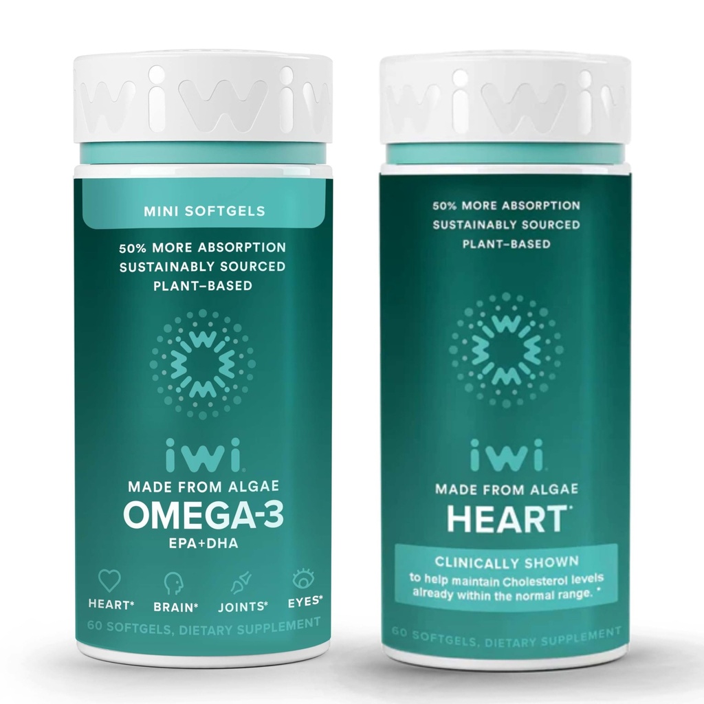 Iwi Omega-3 Minis & Heart Omega-3 Bundle, 30 Services, Vegansk Plantebasert Algae Omega 3, Krill & Fish Oil Alternative, Ingen fiskig ettersmak