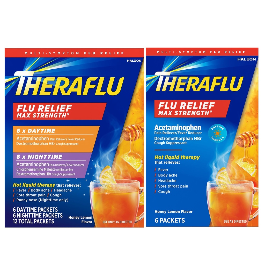 Theraflu Max styrke dagtid og natttid influensa Symptom relief Honning sitron flavor pulver og dagtid influensa Symptom relief Honning sitron pulver, 6 dager + 6 nattetid, & 6 Honning sitron flavor pulver pakker