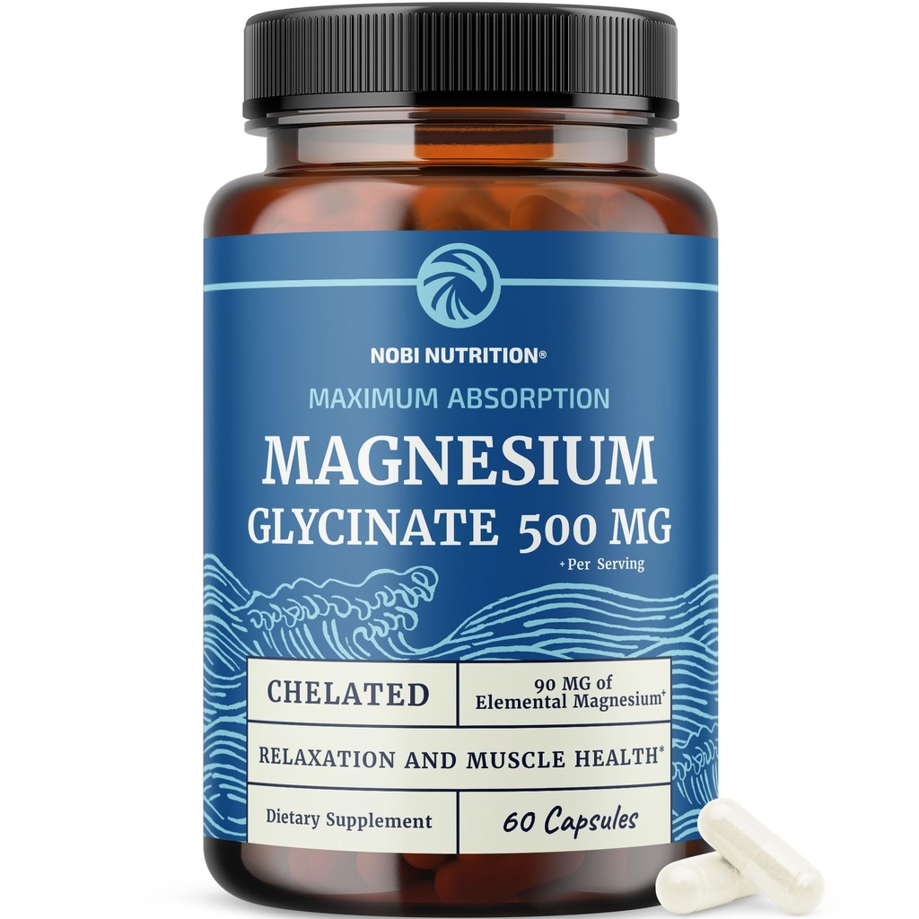 Magnesium Glycinate 500mg | Chelated for høy absorpsjon | Muskelavslapning, Bein, Hjerte, Nerve, søvn og rolig støtte for kvinner og menn | Magnesium Chelate Supplement & Bisglicinate Complex
