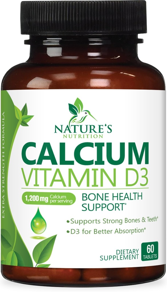 Kalsium Supplement 1200 mg - med vitamin D3 for best absorpsjon - støtter immunhelse, bein og tenner - Naturens kalsiumkarbonat + 1600 IE D3 - Flasket i USA for kvinner og menn - 60 tabletter