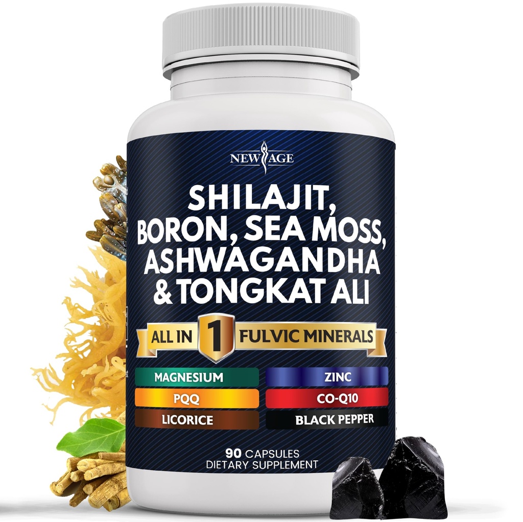 New Age Shilajit Supplement med sjø Moss, Ashwagandha, Tongkat Ali, Bor, Magnesium - Fulvic Acid Kapsler for menn - 90 Count