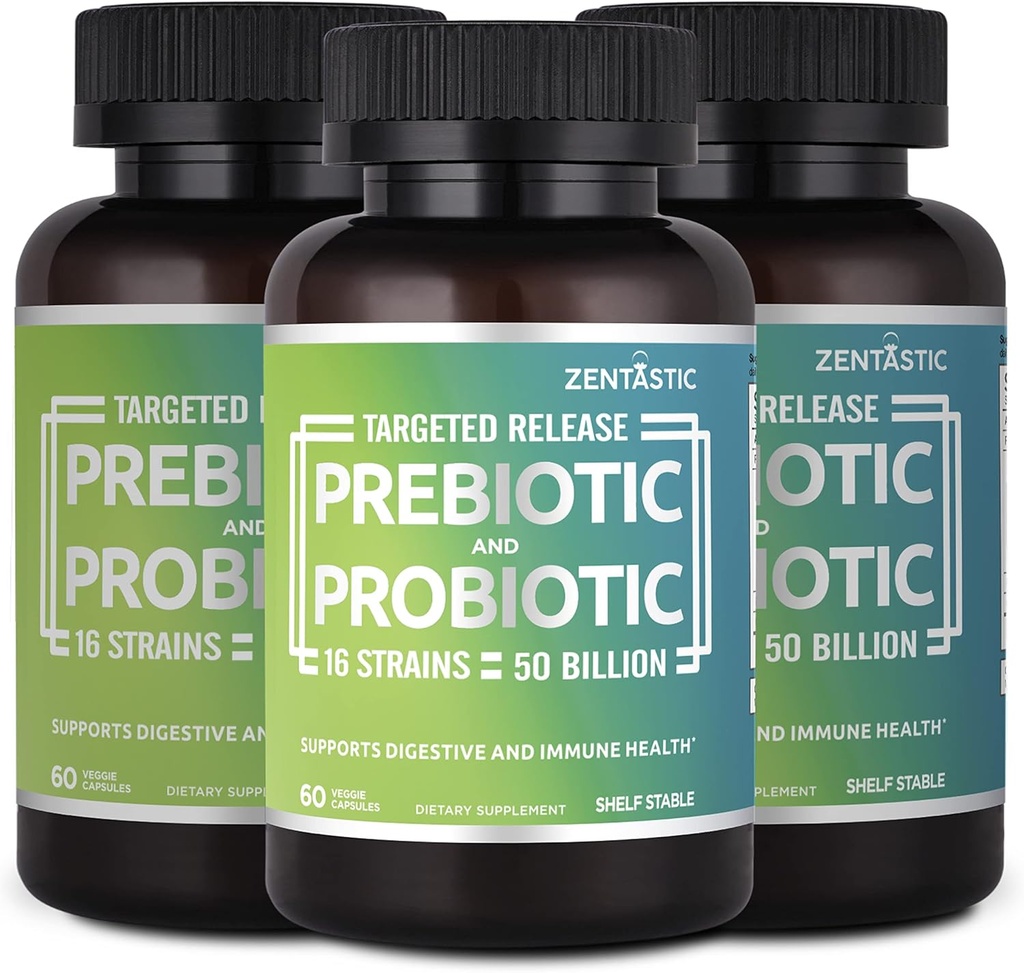 Zentastic Probiotika & Prebiotika Supplement - 50 milliarder CFU - for menn & kvinners immun- og digestive helse - 16 strimler - hyllestabil - 180 forsinket frigjøring Veggie Capsules