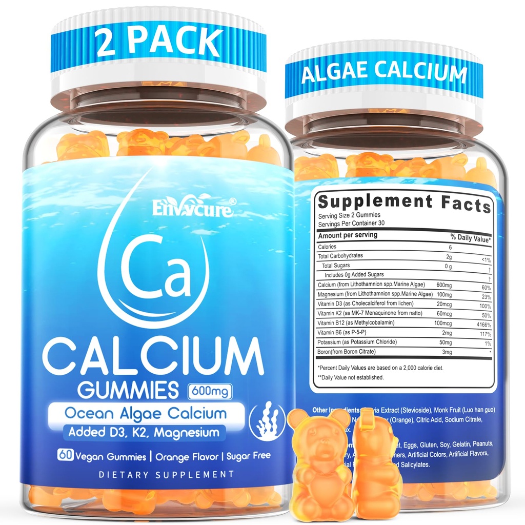 Kalsium Gummies 600 mg - Kalsium Supplement for kvinner, Ocean Algae Kalsium | Vitamin D3, K2, Magnesium | for Bone styrke, Muskel og ubegrenset | Begrenset Algae Kalsium, 70+ Mineral, Vegan, 2PACK