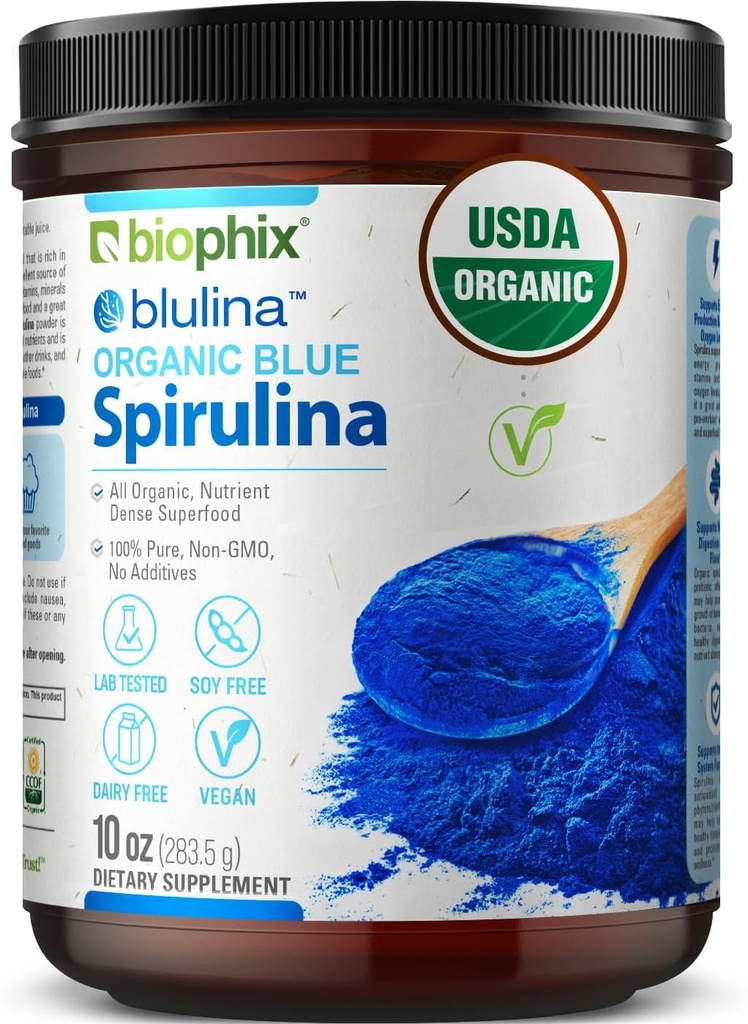 Biophix Blå Spirulina pulver Organic Bulina 10 oz - Algae Organic Spirulina pulver 283 serveringer - Superfood Supplement - Naturlig Blå Pigment - Espírulina en Polvo Organica Pura Azul