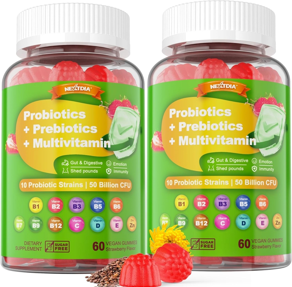 Vegansk probiotika Gummier for kvinner og menn - Fiber Prebiotika Supplements ® 50 Billion CFUs Probiotika, Inulin, Psyllium Husk & Multivitamin for Gut, Digestion & Immune Helse, 2 Pakke