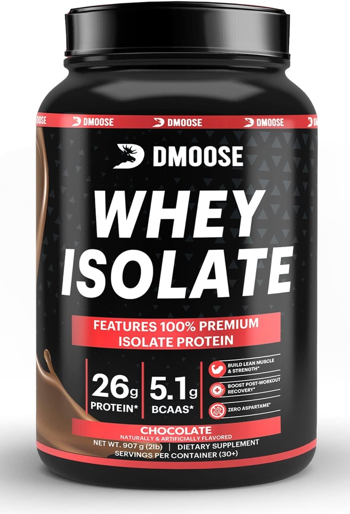 DMoose Whey Isolate Protein pulver I 26 g Protein I 5.1g BCAAS I Glutenfri Jeg bidrar til å opprettholde muskelmasse og redusere gjenopprettingstiden jeg sjokolade og vanilla I 30 serveringer