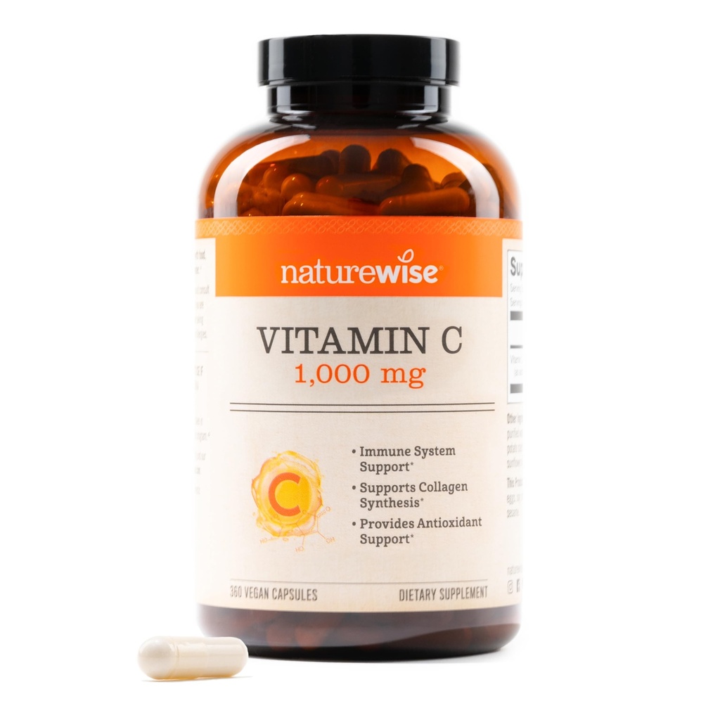 NatureWise Vitamin C 1000mg Kapsler - Ekstra styrke Vegan Vitamin C for daglig antioksidant og immun støtte - Ikke-GMO, USA Produsert - 360 Kapsler[360-dagers forsyning]