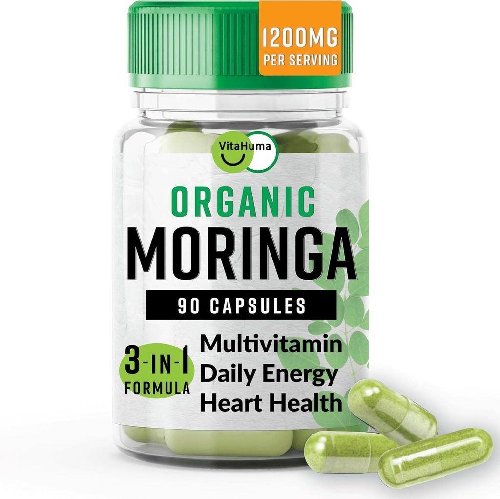 Organic Moringa, Nutrient-Dense Antioksidant Støtte med vitamin C, A, E, Kalsium, Kalium, Jern, Magnesium, Protein og Aminosyrer for Hydration & Energi, Vegan, 1200 MG Per Serving, 90 CT