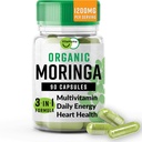 Organic Moringa, Nutrient-Dense Antioksidant Støtte med vitamin C, A, E, Kalsium, Kalium, Jern, Magnesium, Protein og Aminosyrer for Hydration & Energi, Vegan, 1200 MG Per Serving, 90 CT