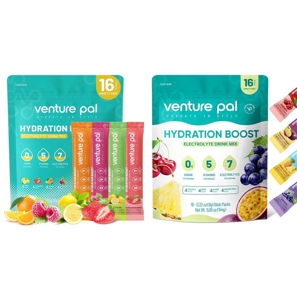 Venture Pal Sukker Gratis Elektrolyte pulver pakker - flytende daglig IV drikke blanding for rask hydrasjon og fest utvinning | 5 vitaminer og 7 elektrolyter | keto vennlig | Ikke-GMO | Certified Vegansk | 16 Sticks