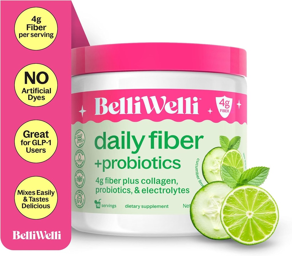Belli Welli Fiber Supplement for kvinner og menn – Premium Daily Fiber pulver fra organisk akacia med lagt til kollagen, elektrolyter og probiotika – Ingen Bloat, Helse og Gut Helsestøtte (Cucumber)