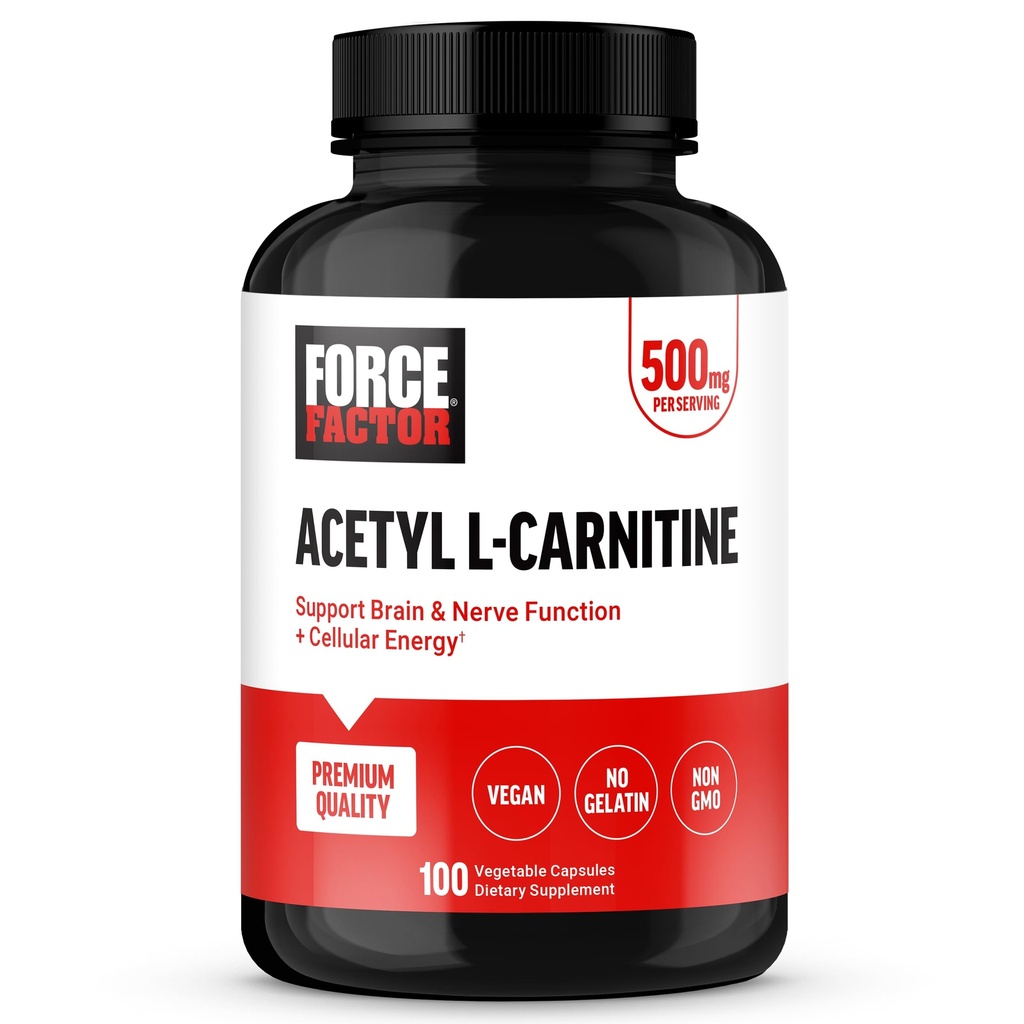 Force Factor Acetyl L-karnitine Brain Supplement, Nerve støtte Supplement, og Cellular Energy Booster, Acetyl L-karnitine 500 mg, Premium kvalitet, Vegan, Ikke-GMO, 100 Grønnsaker Kapsler