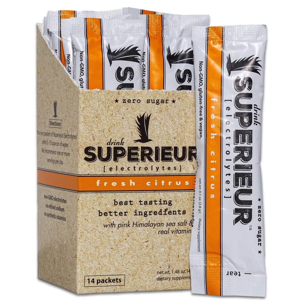 Superieur Electrolyte pulverpakker - Vegan Electrolyte Hydration Powder m/Sea Minerals - Keto vennlige, ikke-GMO, Null sukker Electrolyte Supplement - sunn idrettsdrikk - Citrus (14 pakker)