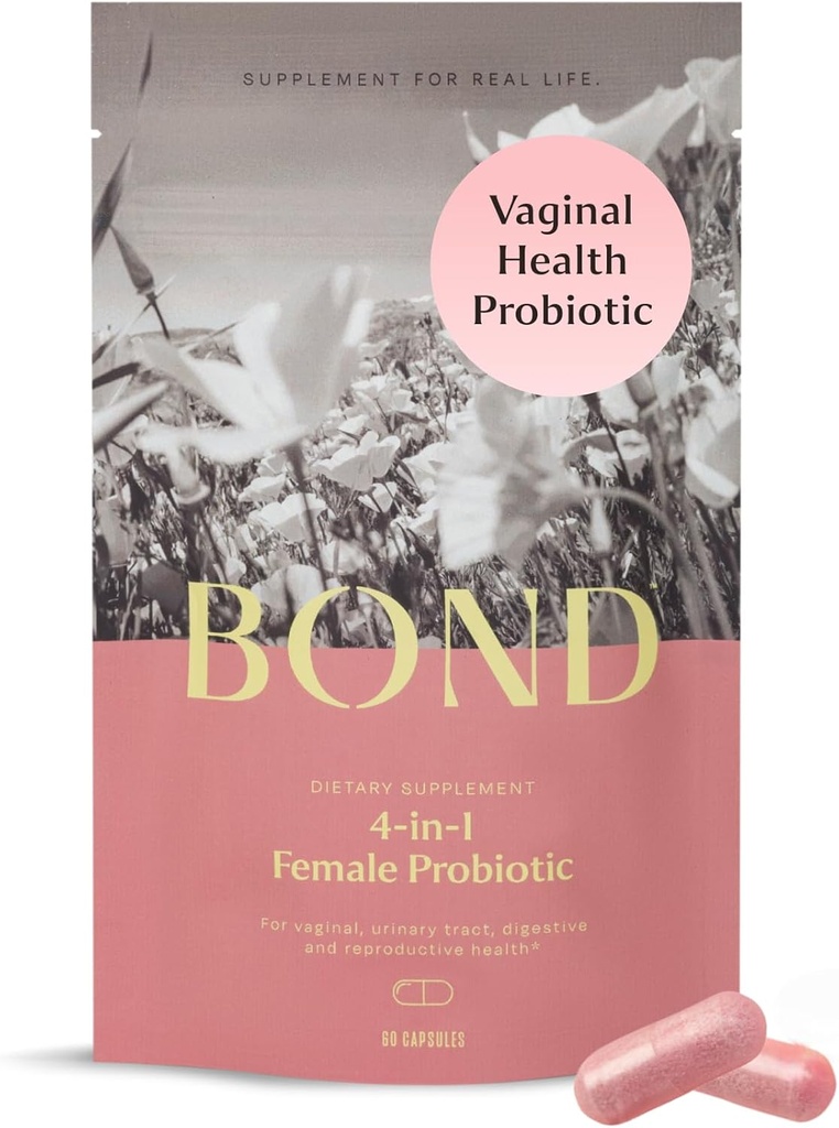 BOND 4-i-1 Vaginal probiotika for kvinner for Vaginal Flora, Odor Control, Yeast & pH Balance for kvinner - Daily Lactobacillus Formula (5 milliarder CFU), med prebiotika og tranebær, 60 kapsler (2/dag)