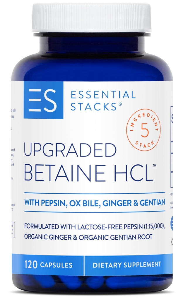 Essentielle Stacks Betaine HCL med Pepsin, Ox Bile, Økologisk Gentian & Ginger - Betaine Hydroklorid Supplement w Digestive Enzymes, Bile & Bitters - Gluten, Dairy & Soja Gratis (120 Kapsler)