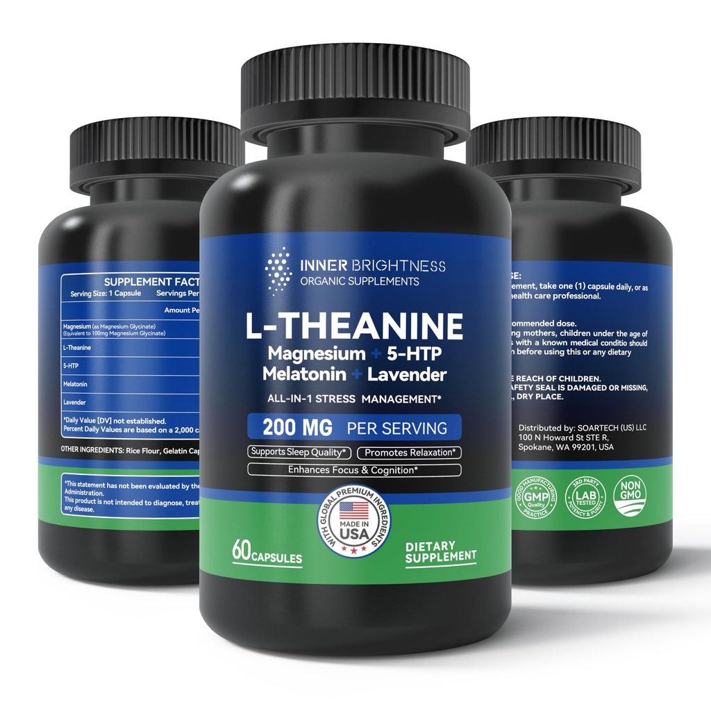 L teanin 200mg, magnesium, 5-HTP og melatonin - All-in-1 L-theanin Supplement for stress relief, fokus og kognisjon, søvn - 60 kapsler