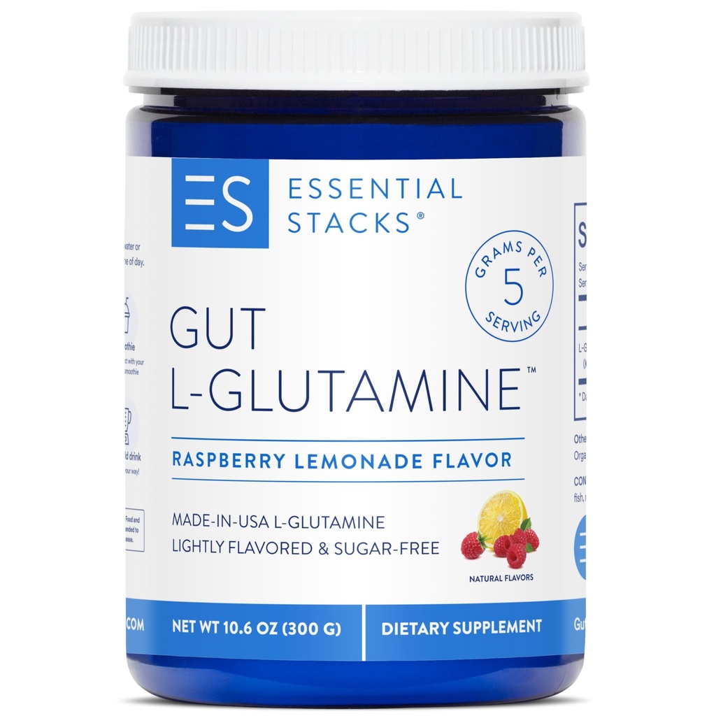 Essential Stacks Gut L-Glutamine pulver - Eksklusivt laget i Norge - ren L Glutamin pulver for Gut Helse (50 Serveringer, bringebær sitronade)