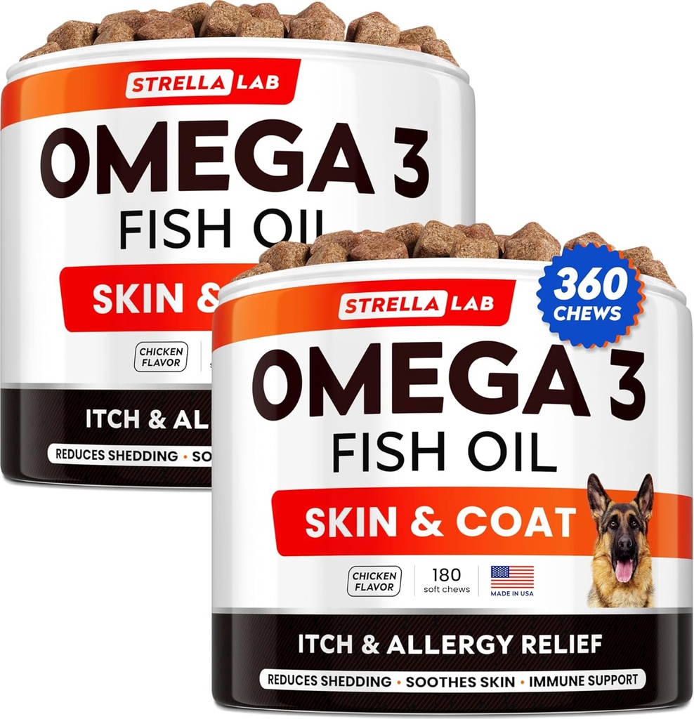 STRELLAAB Omega 3 for hunder - (360Ct) Fiskeoljebehandlinger - Allergi og kløe Relief Skin & Coat Supplement - Tørr kløende hud, Antishedding og varme flekker behandling - Pet Salmon Olje Chews - Kylling Flavor