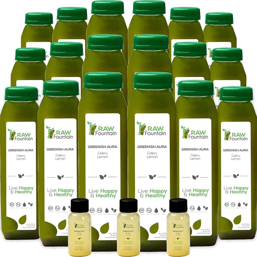 Celery Juice renser av rå fontene, alle naturlige rå, kalde presset juices, morgen detox renser, 30 flasker 12oz, 5 bonus ginger Shots