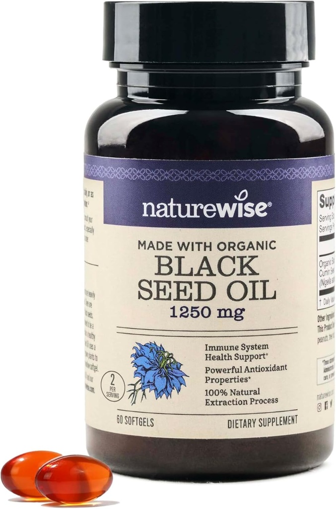 NatureWise Black Seed Oil Softgels 1250 mg - med 100% organisk kaldt presset Nigella Sativa - Omega 3 6 9 - Antioksidant immunstøtte, hår og hud - ikke-GMO, Glutenfri - 60 Softgels[1-måned levering]