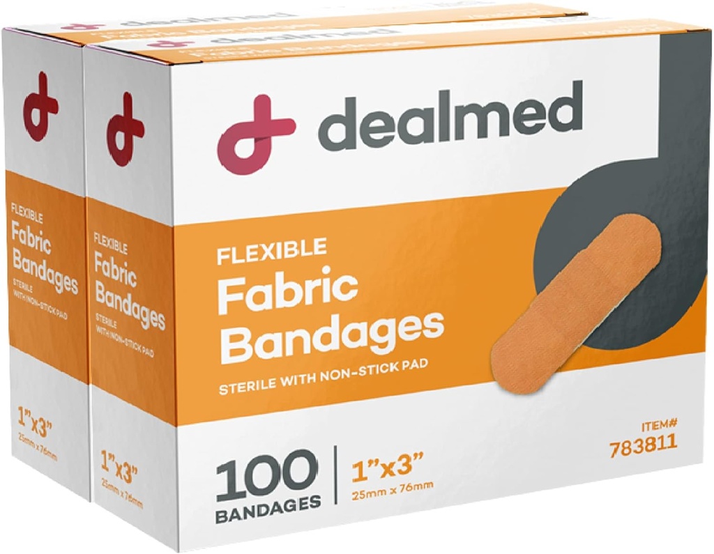 Dealmed Sterile fleksible stoffklebende bånd – 1x3 tommer – 100/boks - 2 bokser - pustende førstehjelpsstripe pakke - myk strekksår patch for medisinske, nødsett og klinikker