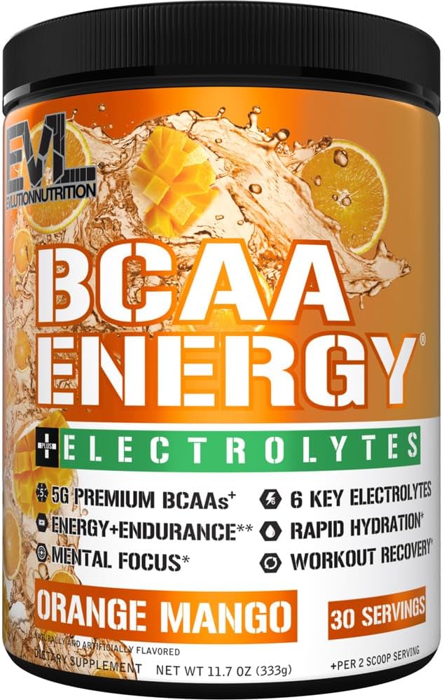 EVL BCAA Aminosyrer pulver - BCAA energi pre trening pulver for muskel gjenoppretting lean vekst og utholdenhet - Hydroring post trening ut gjenoppretting drikke med 6 nøkkel elektrolytter - Orange Mango
