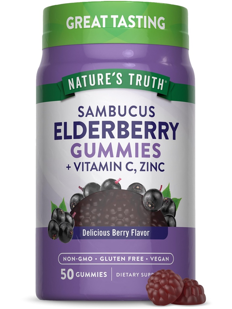 Naturens sannhet Svart Elderbær Gummies | 50 Vegan Gummies | med vitamin C og sink | Berry Flavor | Vegansk, ikke-GMO, og Glutenfri Supplement
